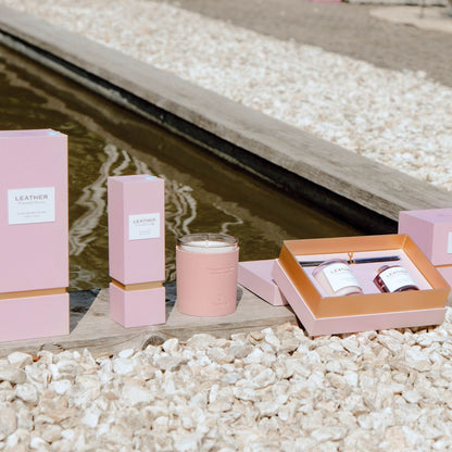 Pink leather porcelain peony candle