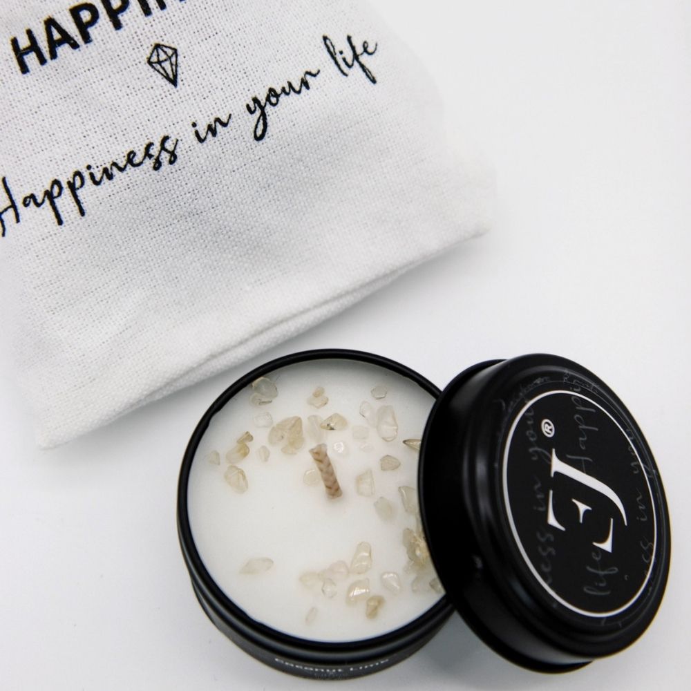 Quote candle in tin – Happiness in your life (small size)