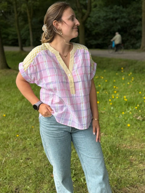 Pastel geruite blouse dames